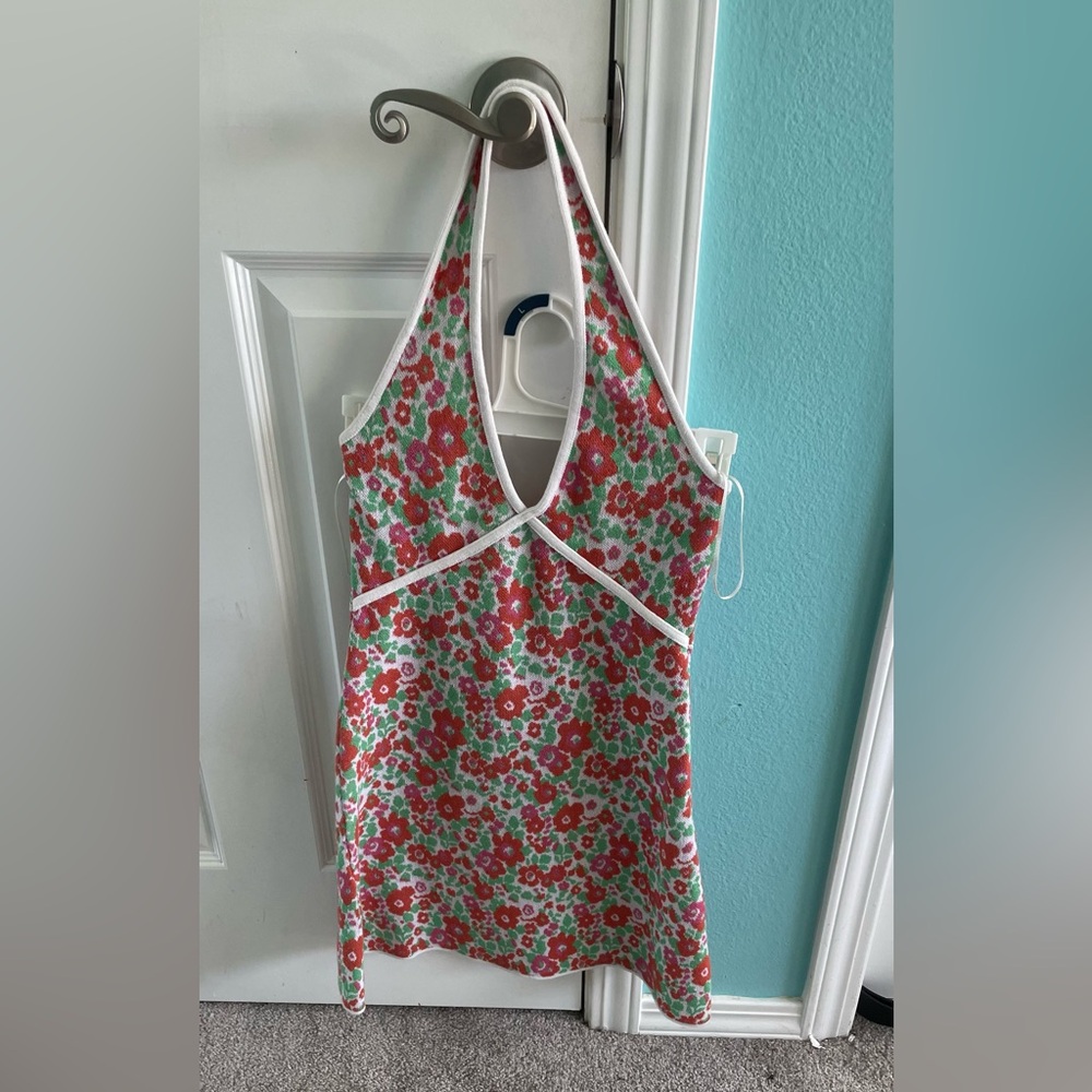 Floral Halter Dress with Red and Green Pattern